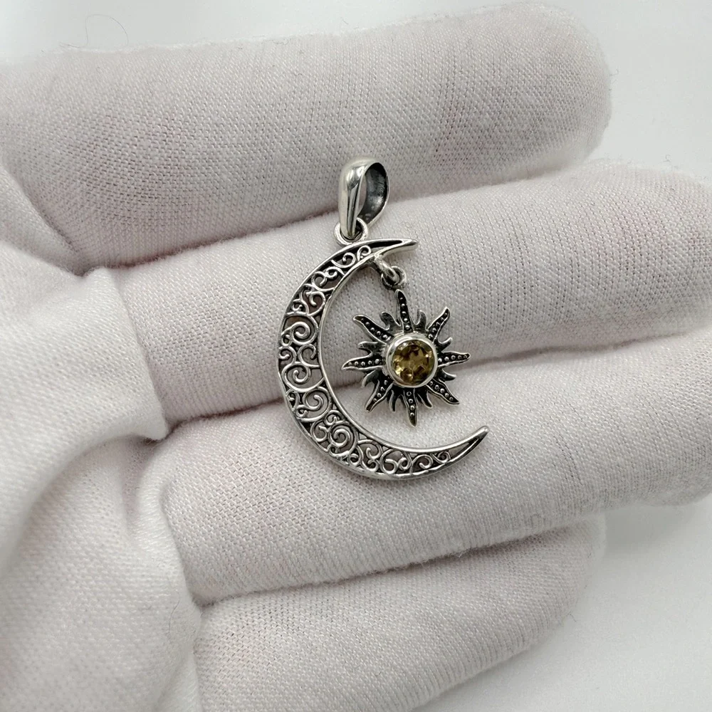 Genuine Citrine .925 Sterling Silver Moon Pendant - Picture 4 of 10